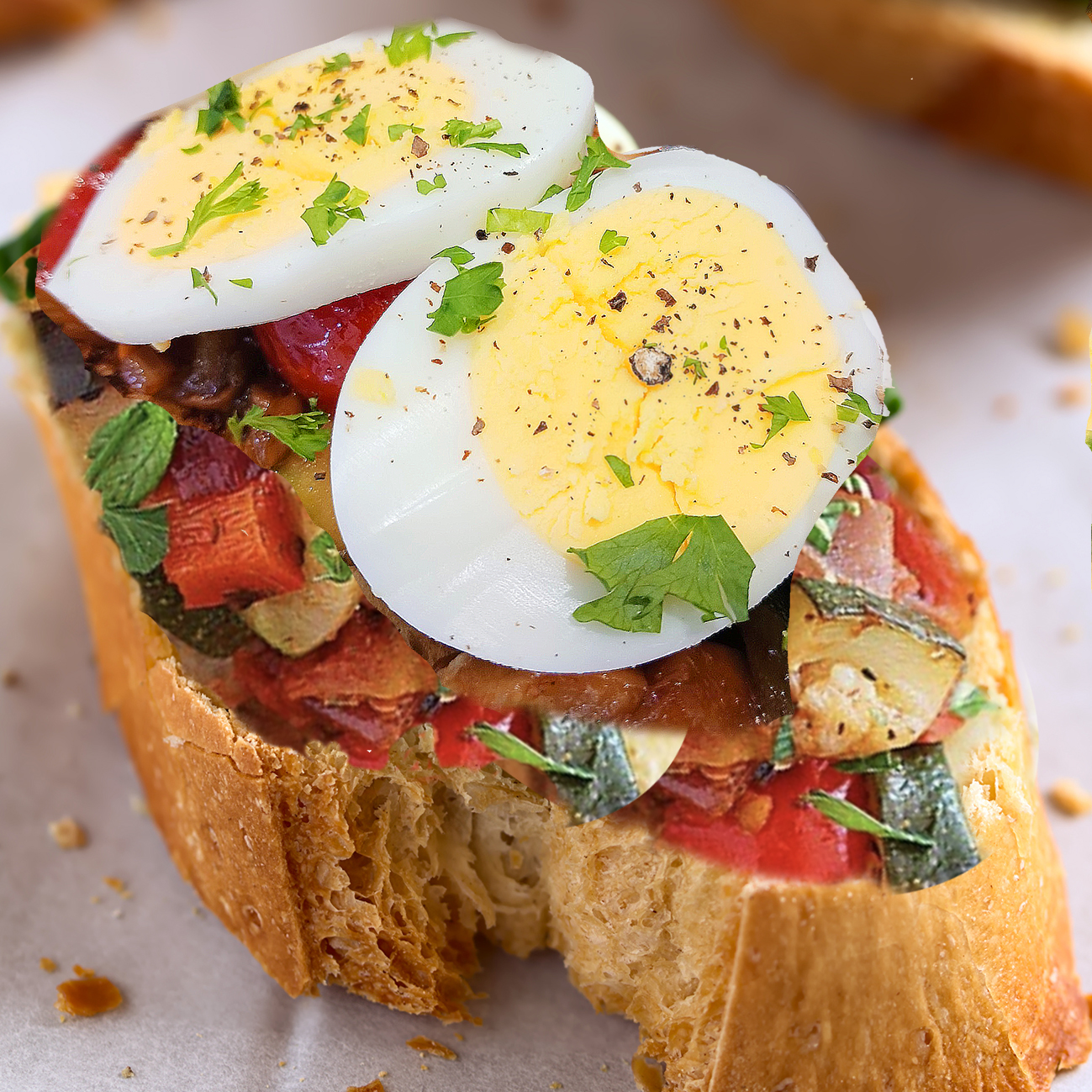 Sauteed Vegetable & Sliced Egg Crostoni